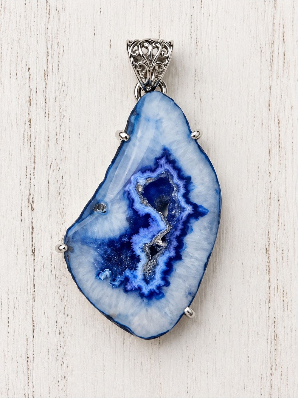 925 Sterling Silver Silver Blue Agate Geode Druzy Pendant
